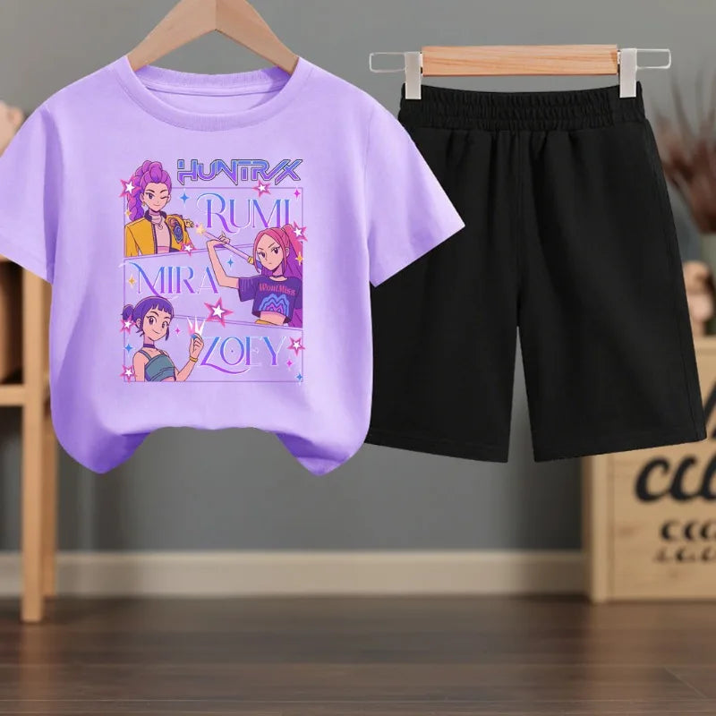 K-pop Girls Summer Casual T-Shirt and Shorts 2-Piece Fashion Outfit