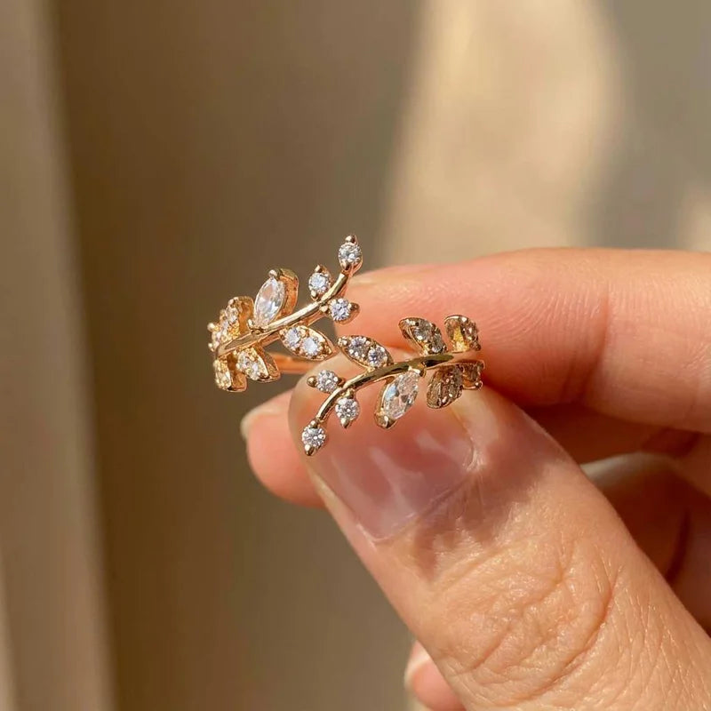 925 Sterling Silver Fashion Zircon Leaf Adjustable Ring Stylish Fine Jewellery Hot Sales