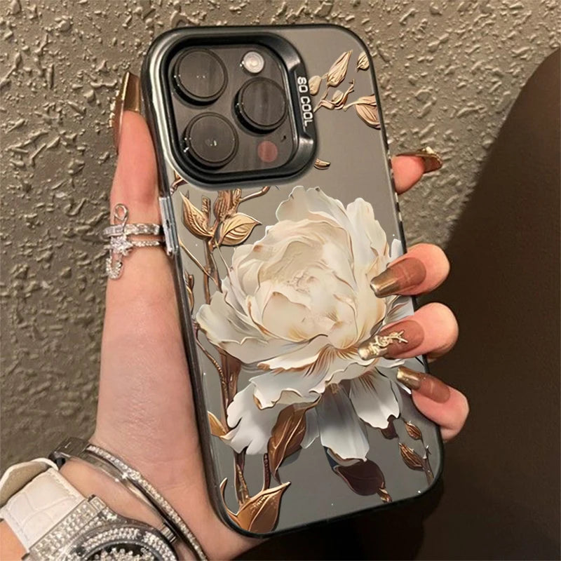 Gold Lotus Silver IMD Case for iPhone 16 15 14 13 12 11 Pro Max