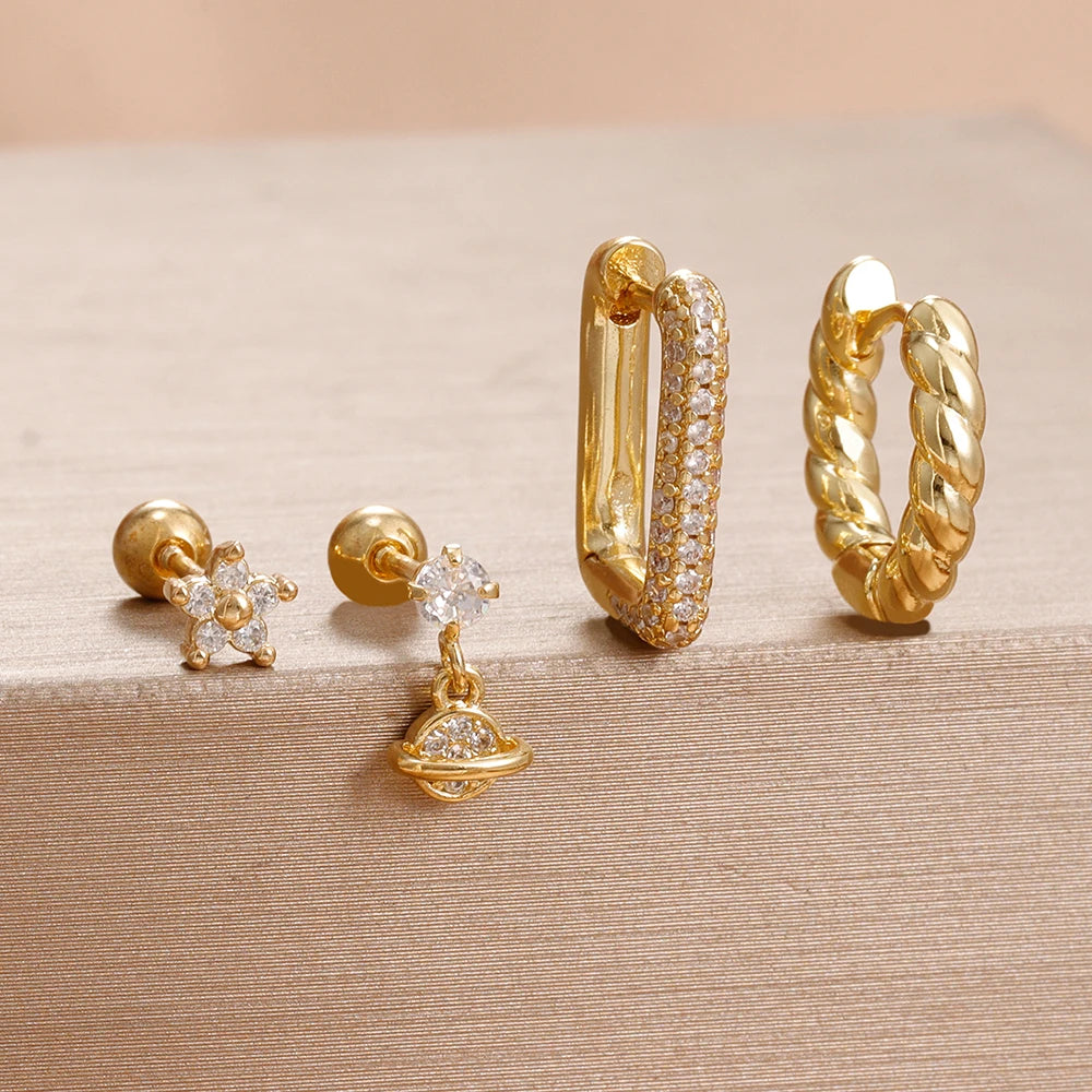 4PCS Star Moon Stainless Steel Zircon Stud Earrings 14K Gold Plated