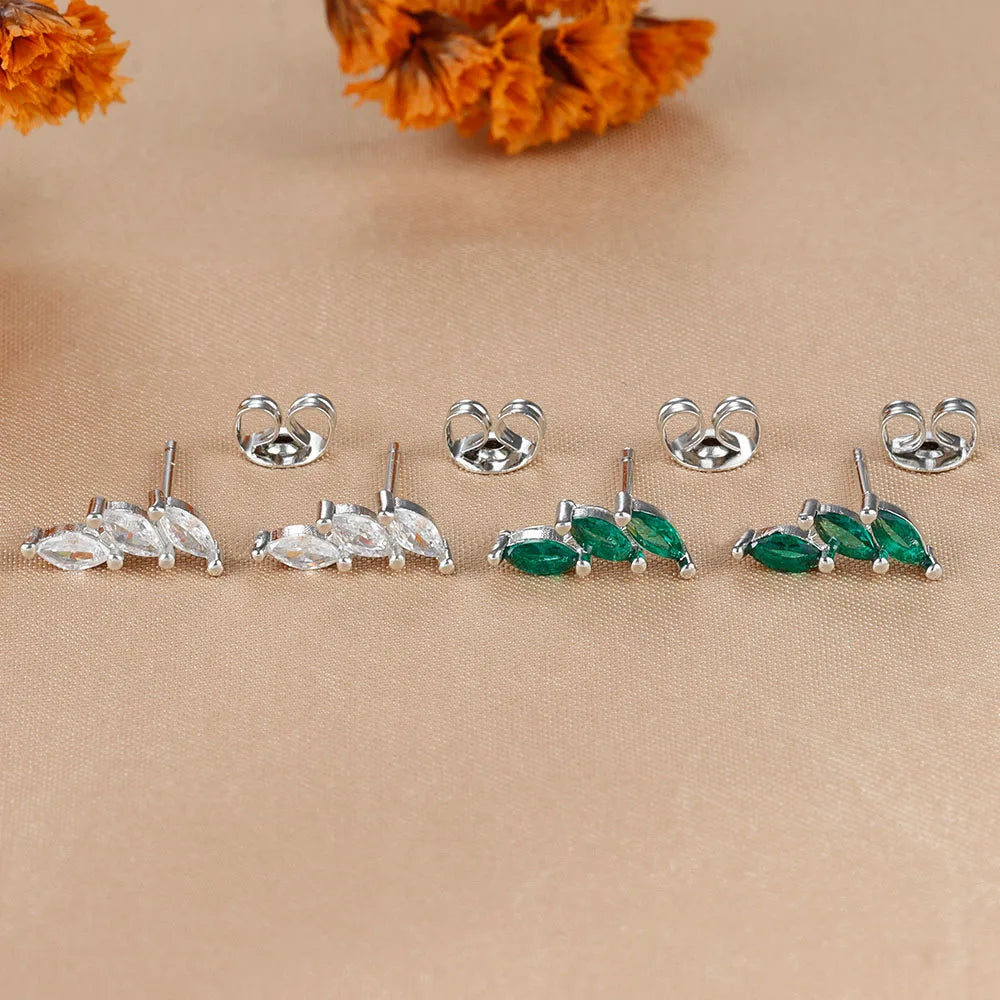 Exquisite Crystal Leaves Stud Earrings Stainless Steel Horse Eyes