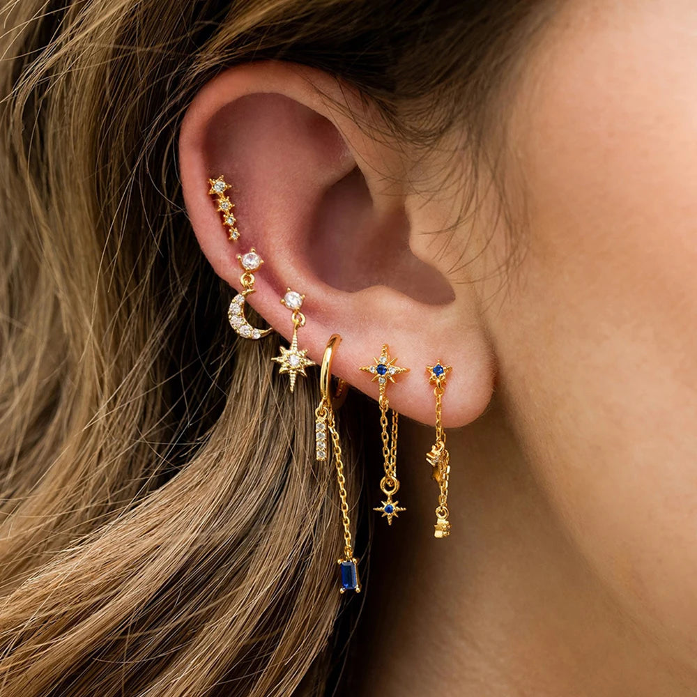 New Stainless Steel Zirconia Chain Hoop Earring Blue Star Moon Square