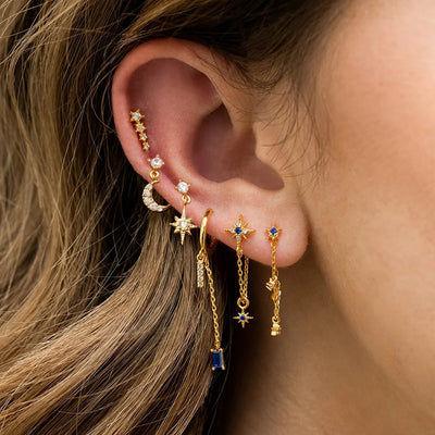New Stainless Steel Zirconia Chain Hoop Earring Blue Star Moon Square