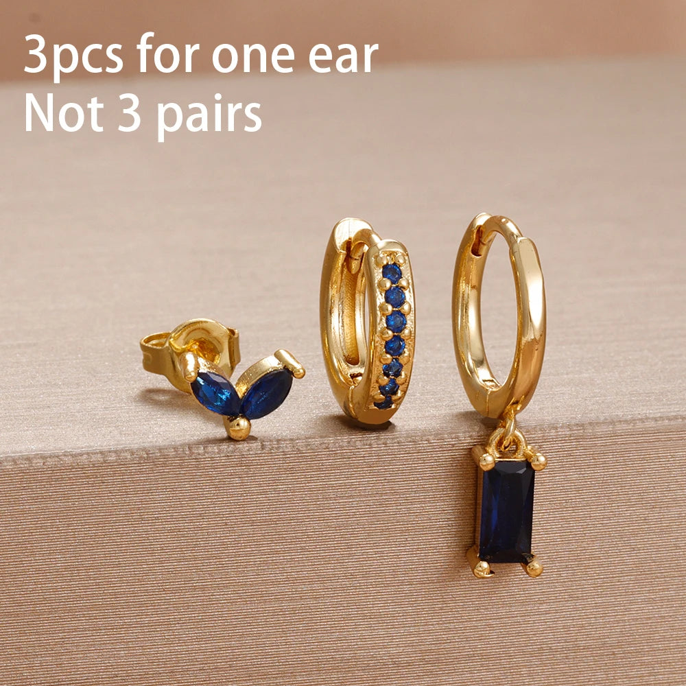 3PCS Cute Flower Stainless Steel Blue Zircons Small Hoop Earrings