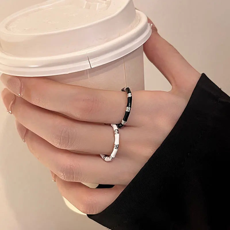925 Sterling Silver Luxury Jewellery Black White Bamboo Adjustable Ring Couple Accessory