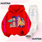 Kids Kpop Demon Hunter Cartoon Print Hoodie and Athletic Pants Sports Set