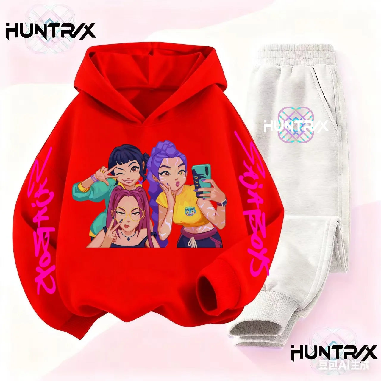 Kids Kpop Demon Hunter Cartoon Print Hoodie and Athletic Pants Sports Set