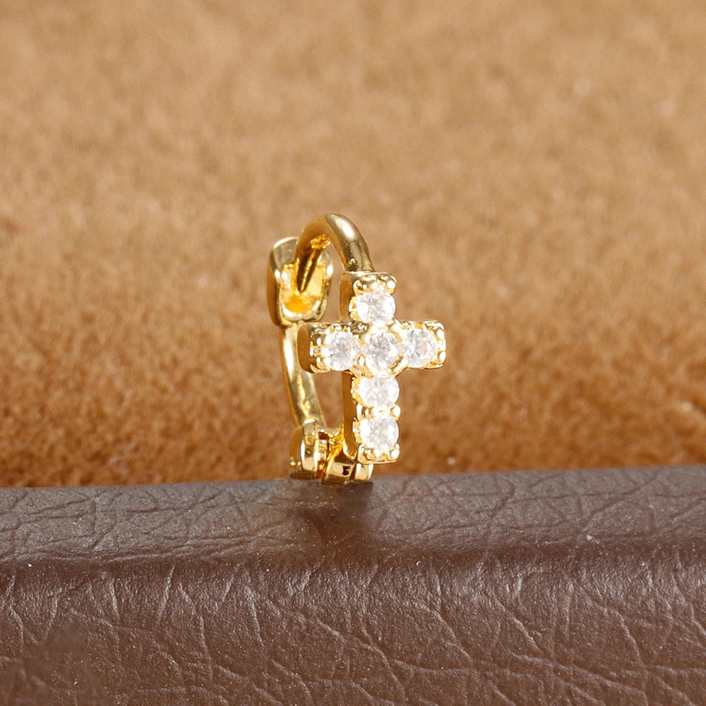 1Pc Stainless Steel Small CZ Hoop Cartilage Earrings Tiny Cross