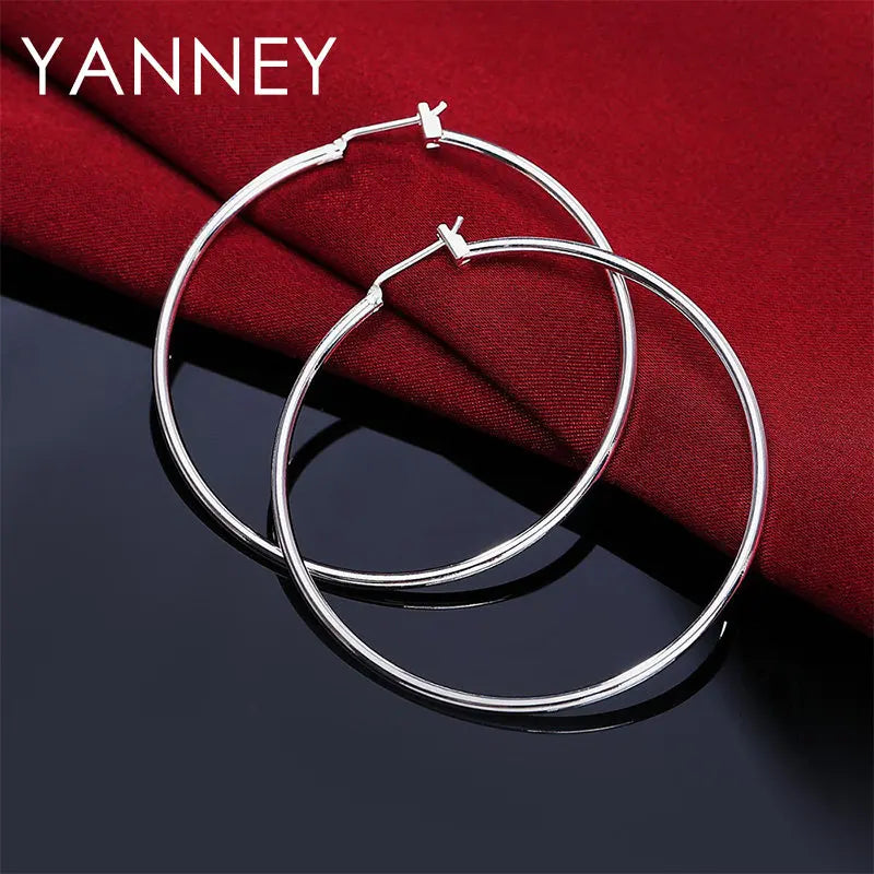925 Sterling Silver 50mm Simple Circle Earrings Women Engagement Hip Hop Gift