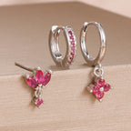 3PCS Fashion Orange Blue Zircon Hanging Earrings Stainless Steel Flower