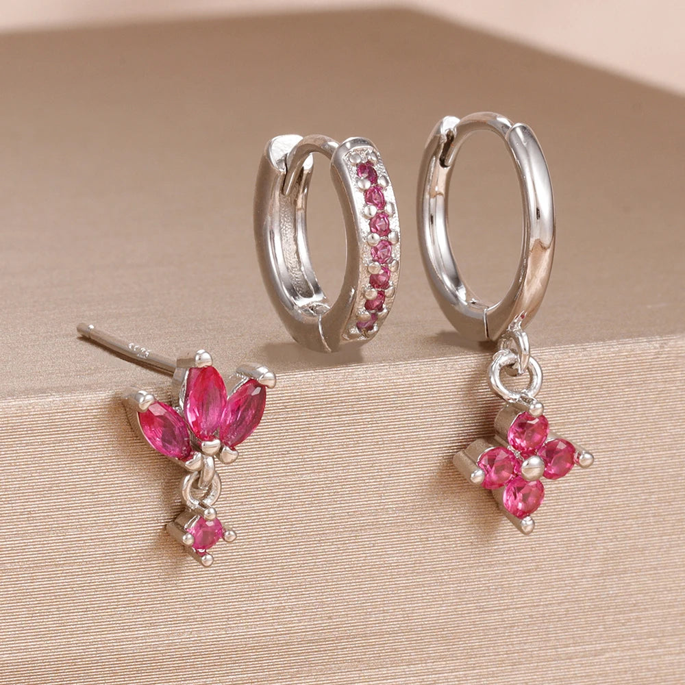 3PCS Fashion Orange Blue Zircon Hanging Earrings Stainless Steel Flower