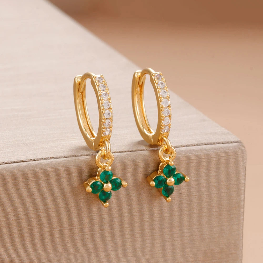 Luxury Stainless Steel Small Dangle Earrings Zirconia Flower Pendant