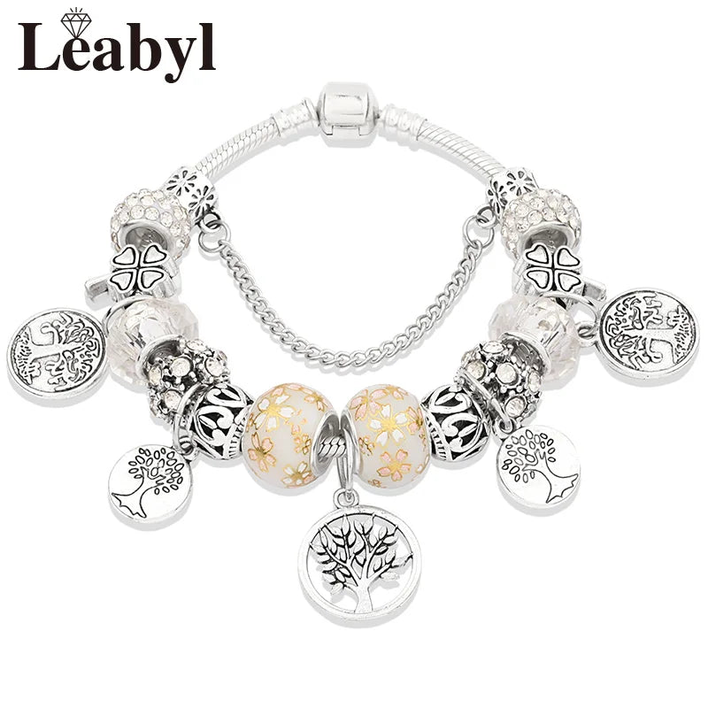 Tibetan Silver Tree of Life Charm Bracelet Green Crystal Flower Bead DIY