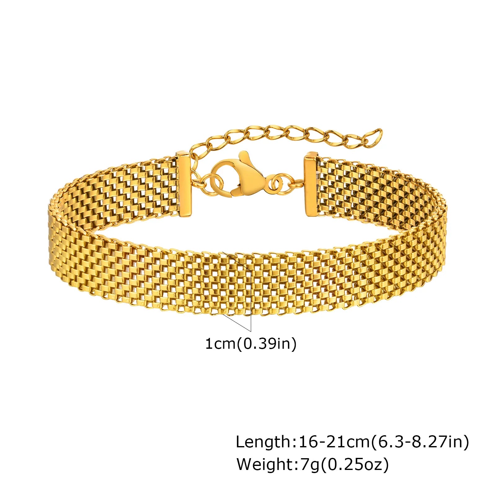 Stainless Steel Chain Women Bracelet, Wide Brand Mesh Link Adjustable Wristband, 18k PVD Gold Plated Vintage Jewelry