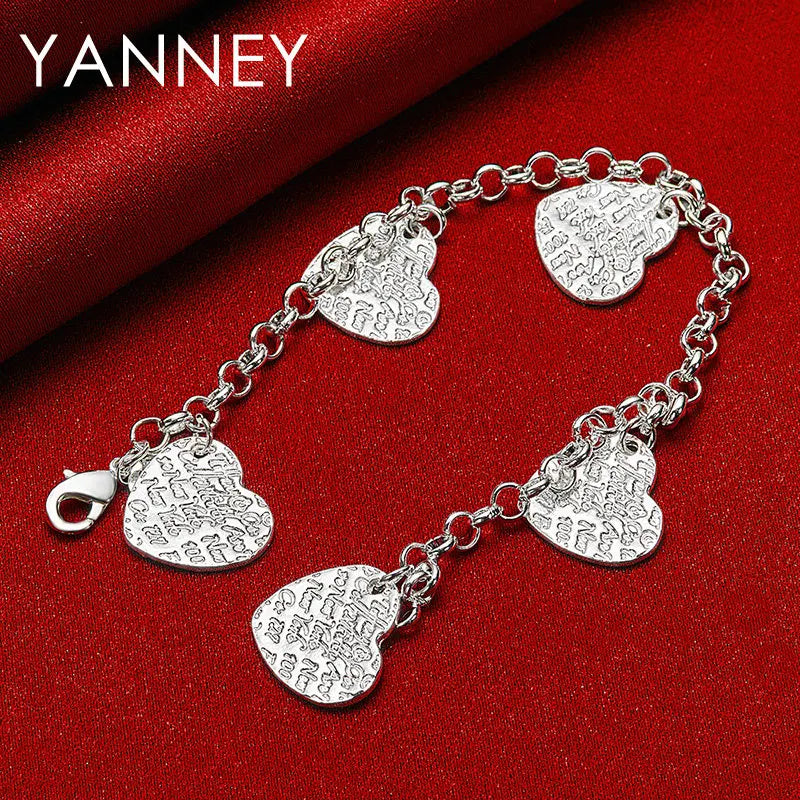 925 Sterling Silver 8-inch 4-Heart Pendant Bracelet Women Wedding Jewellery