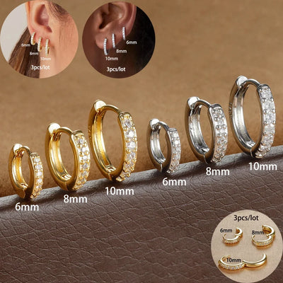 3PCS Round Circle Stainless Steel Zircon Huggie Hoop Earrings Set