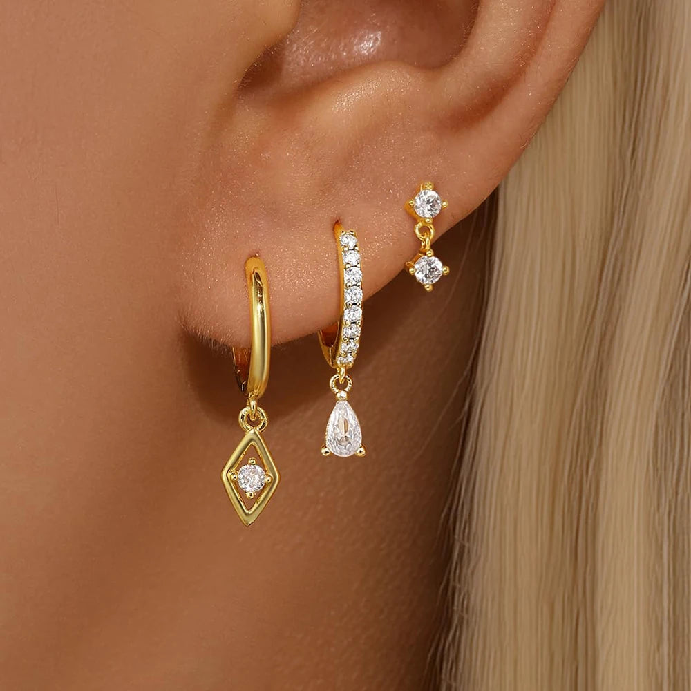 3PCS Stainless Steel Rhombus Pendant Hoop Earrings 18K Gold Plated