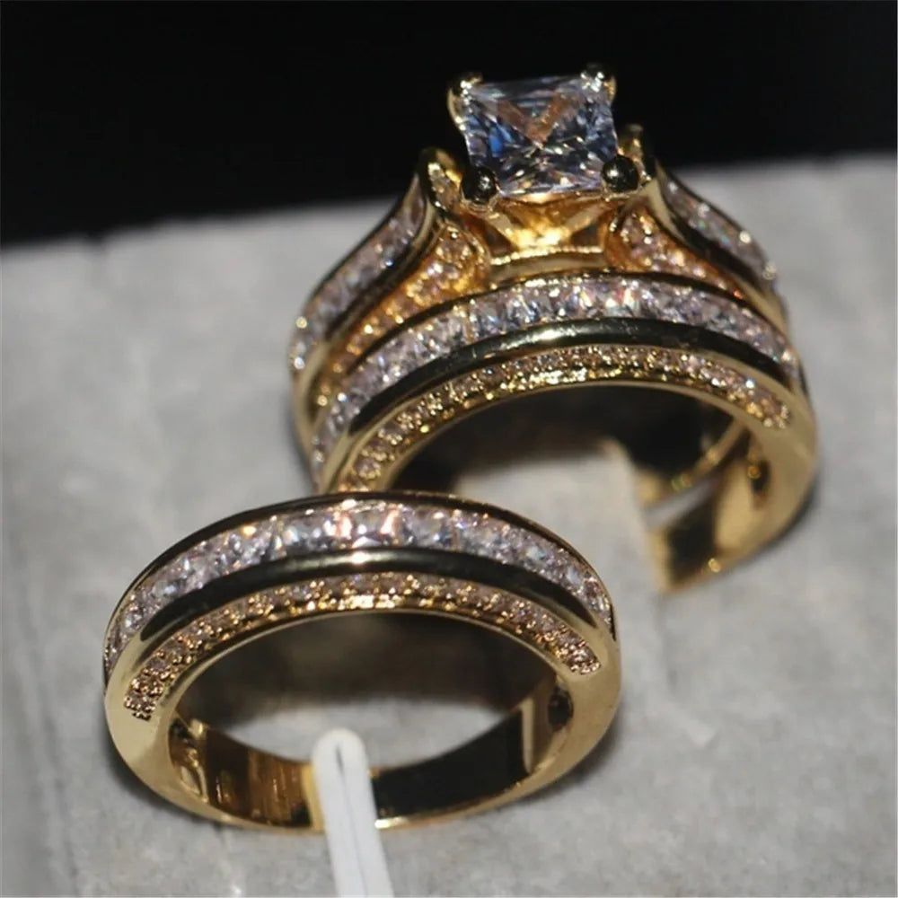 Cute Female Big Zircon Ring Set Crystal Silver Color Yellow Gold Bridal Wedding Jewelry For Women