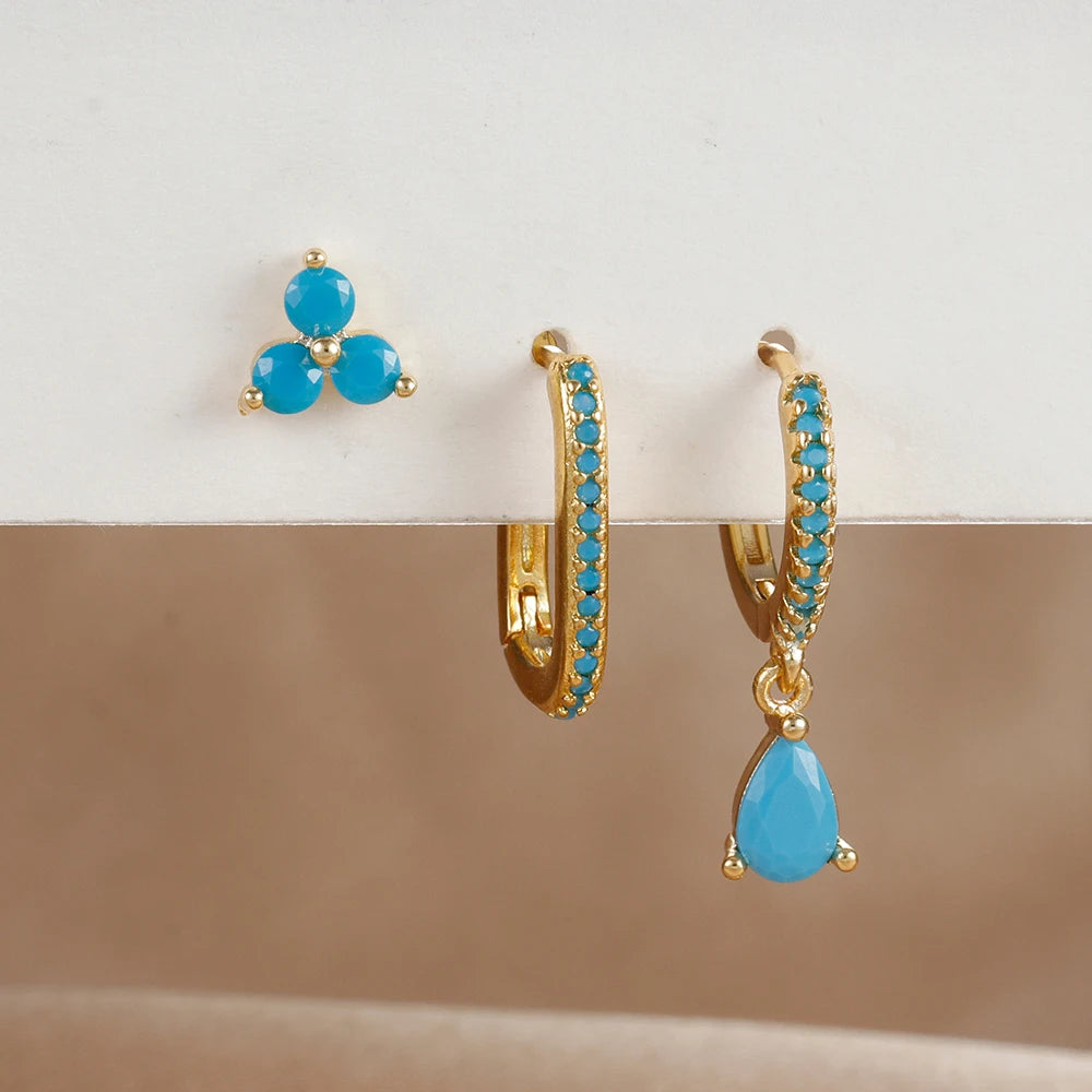 3PCS Waterdrop Shape Zircon Hoop Earrings Triangle Flower Studs