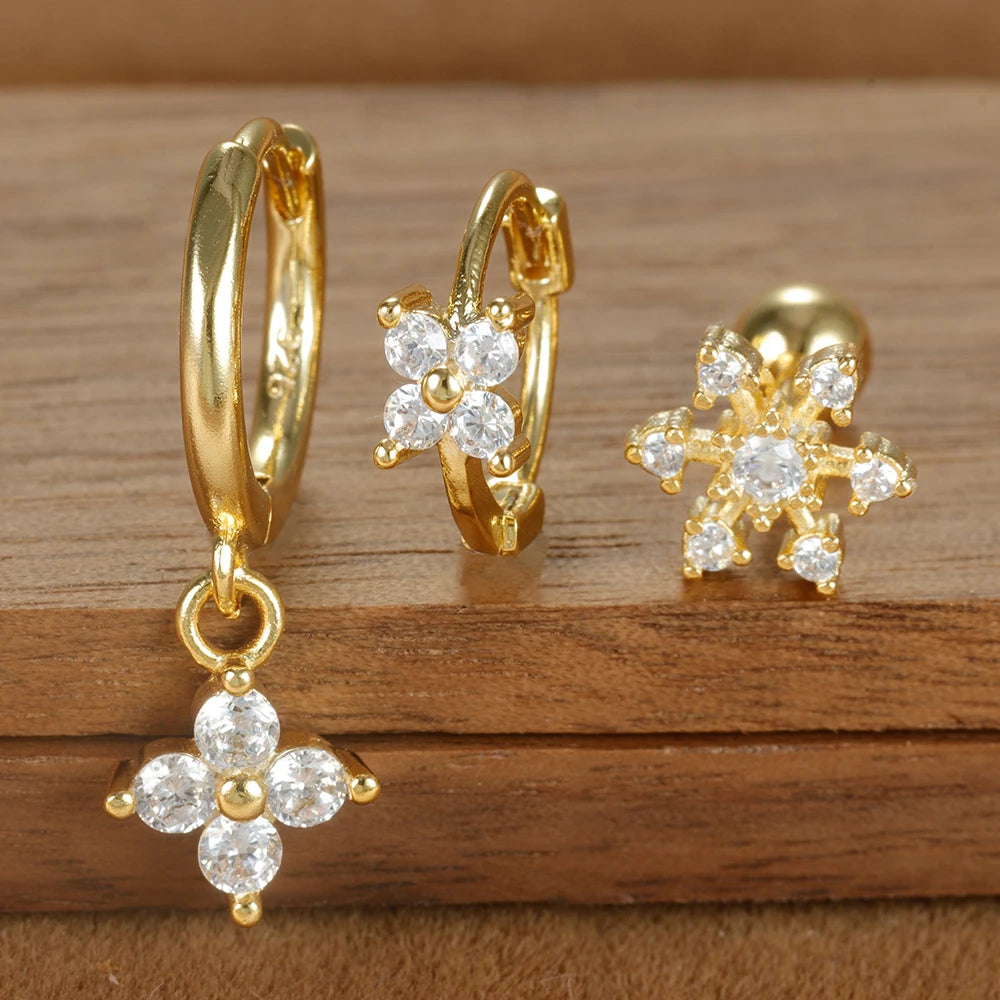 3PCS Four Flower Zircon Little Hoop Earring Star Cartilage Piercing