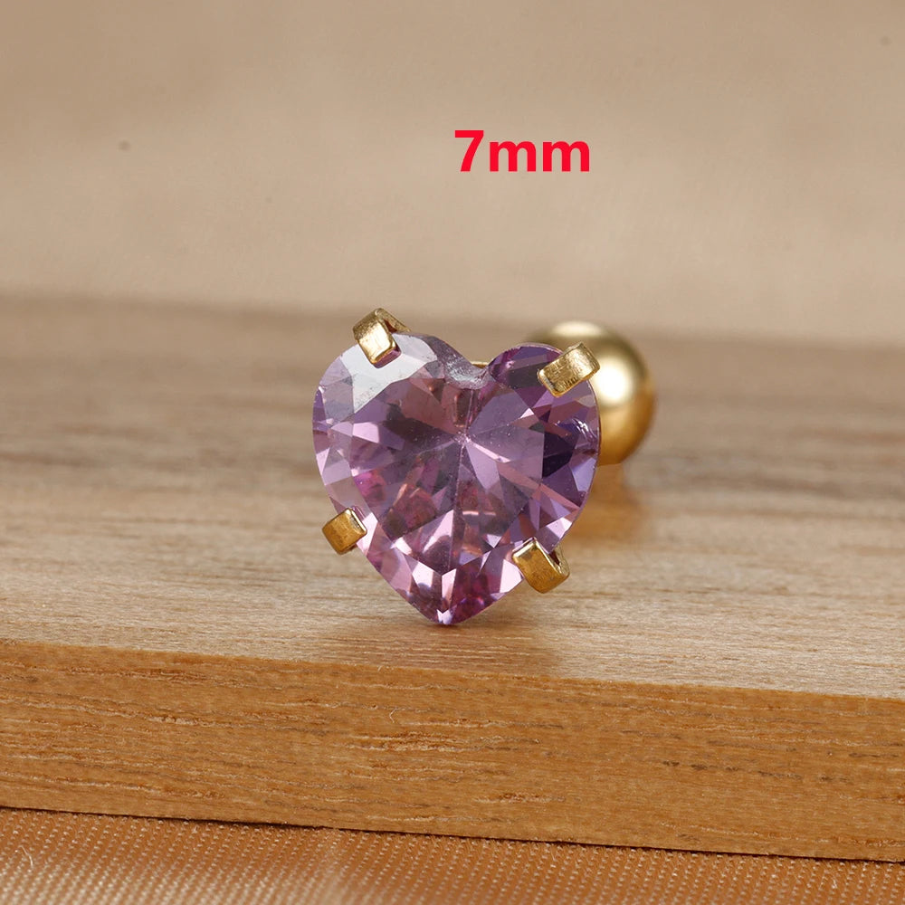 1PC Heart Stainless Steel Ear Studs Purple Crystal Stud 3-8mm