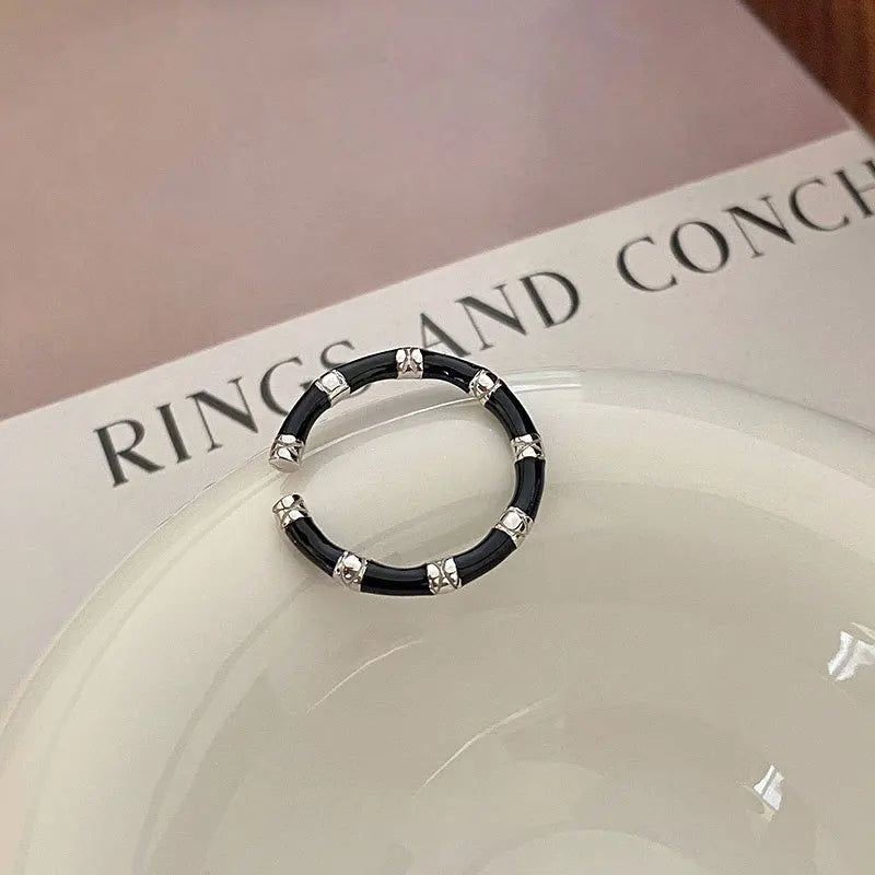 925 Sterling Silver Luxury Jewellery Black White Bamboo Adjustable Ring Couple Accessory