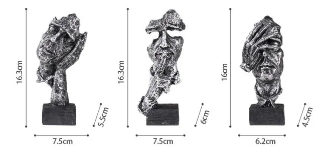 16cm Set of 3 Abstract Sculpture Resin Silence Is Gold Statue Office Bookshelf Object