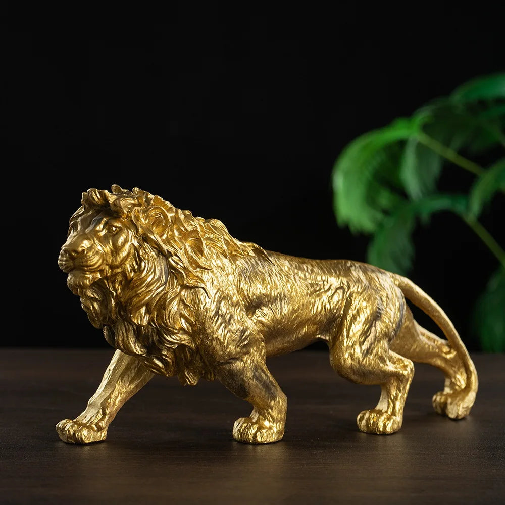 Resin 25cm Lion Statue Gold Animal Sculpture Collectible Office Desk Accessories