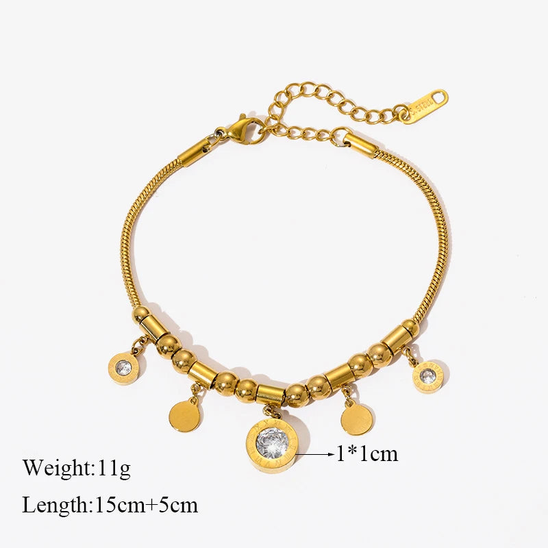 Heart Roman Numeral Zircon Bead Stainless Steel Snake Bone Bracelet