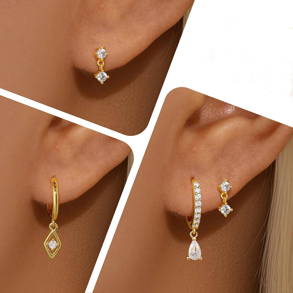 3PCS Stainless Steel Rhombus Pendant Hoop Earrings 18K Gold Plated