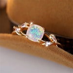 Cushion Cut Square Rainbow White Fire Opal Rings For Women Gold Color Horse Eye Zircon Charm Leaf Wedding Bands Party Jewelry CZ