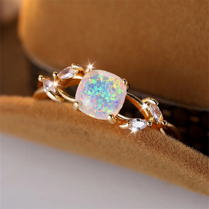 Cushion Cut Square Rainbow White Fire Opal Rings For Women Gold Color Horse Eye Zircon Charm Leaf Wedding Bands Party Jewelry CZ