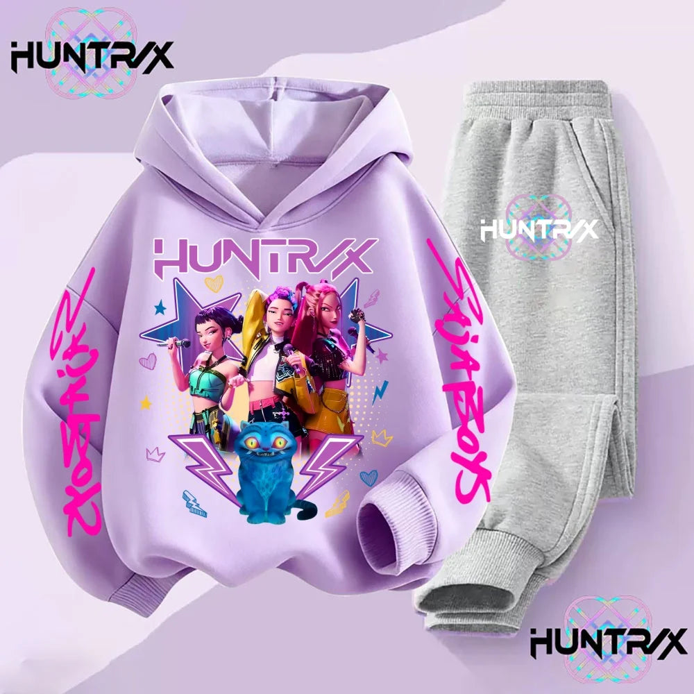 Kids Kpop Devil Hunter Huntrix Printed Hoodie & Sports Pants 2pc Casual Set