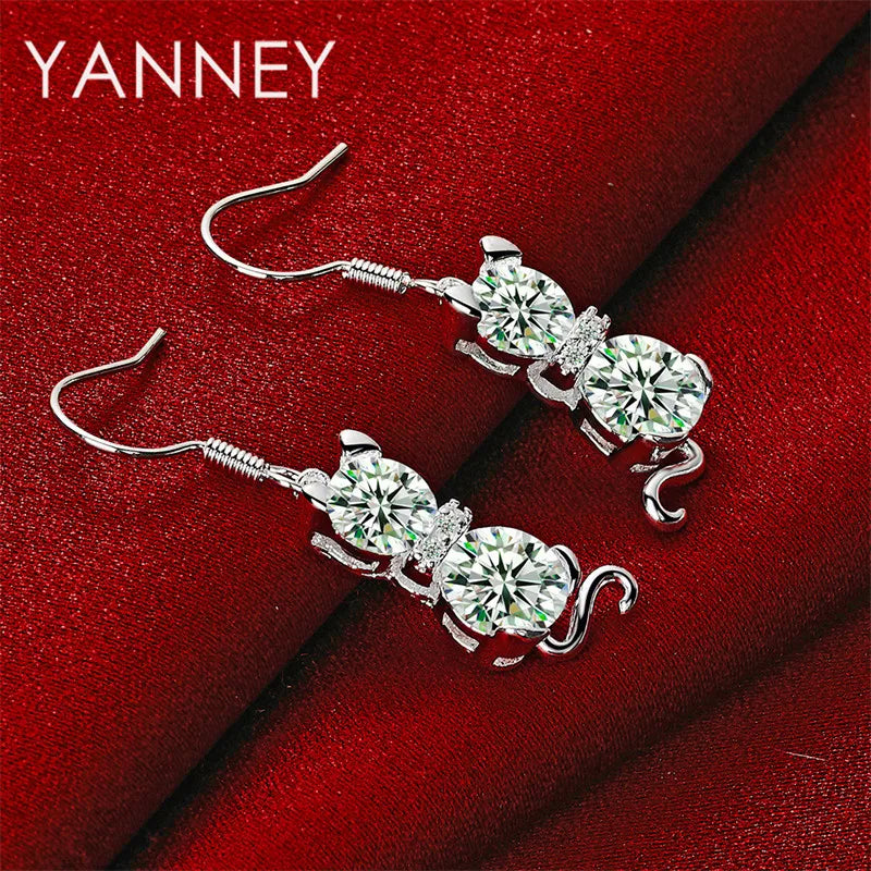925 Sterling Silver Cute Kitten Zirconia Earrings Women Fashion Wedding Gift