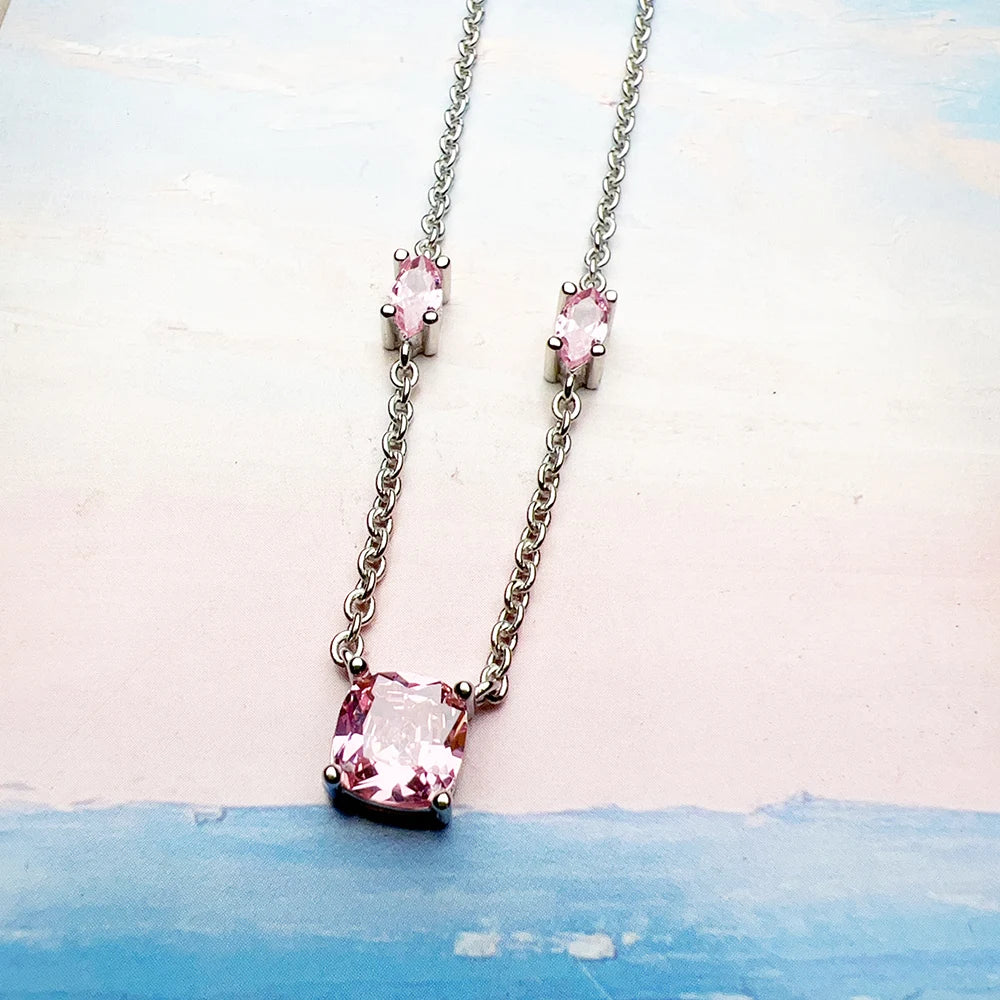Pink Stone Necklace & Earring Jewellery Set 925 Sterling Silver Romantic Gift