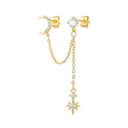 New Stainless Steel Cubic Zirconia Star Moon Dangle Chain Earrings