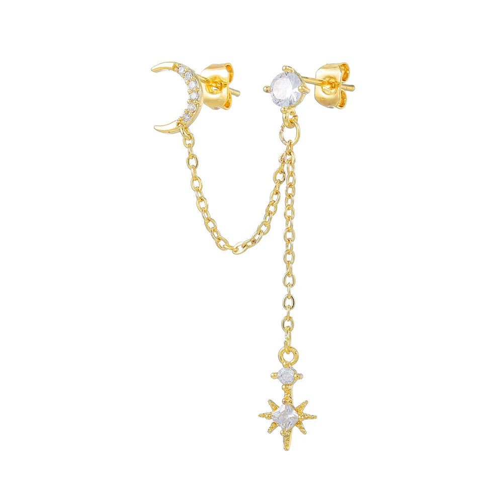 New Stainless Steel Cubic Zirconia Star Moon Dangle Chain Earrings