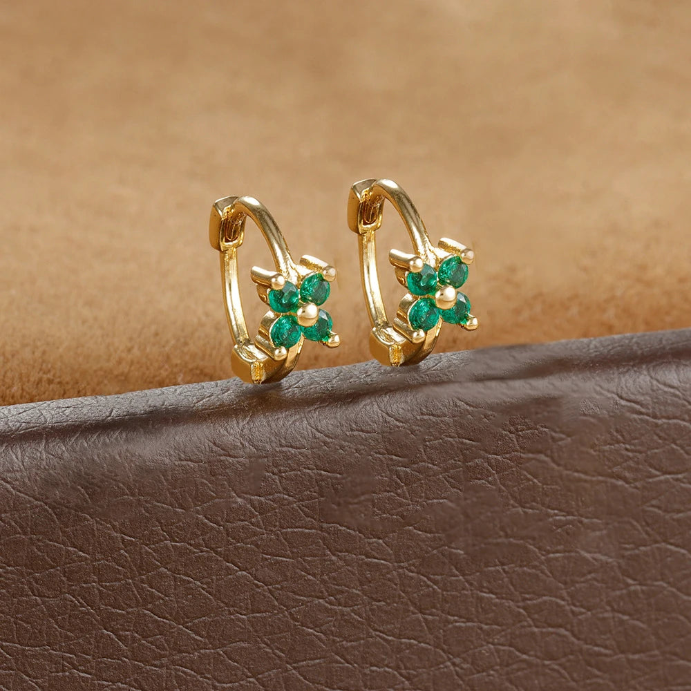 2PCS Huggies Hoop Earrings Stainless Steel Crystal Zirconia Flower