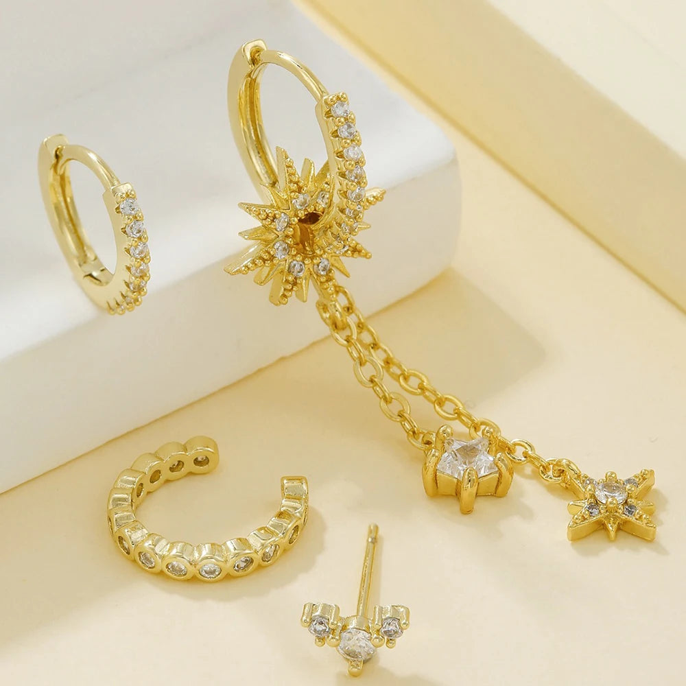 Vintage Stainless Steel Zirconia Sun Star Dangle Earrings Punk Rock