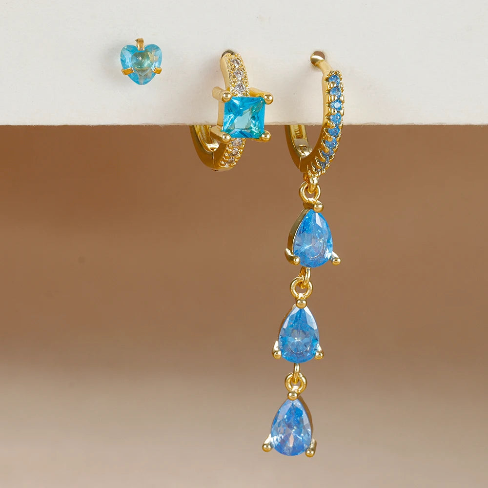 3PCS Stainless Steel Zircon Water Drop Hoop Earrings 18K Gold Heart