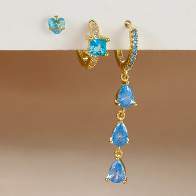 3PCS Stainless Steel Zircon Water Drop Hoop Earrings 18K Gold Heart