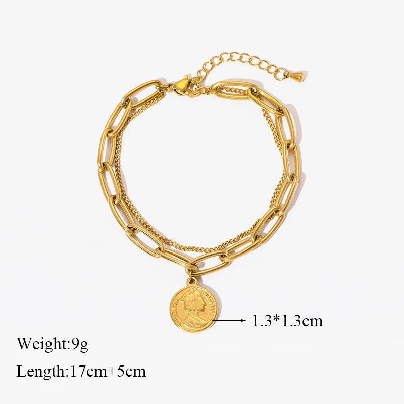 Gold Colour Multilayer Stainless Steel Charm Bracelet Men Women Bangle