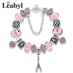 Romantic Pink Heart Charm Bracelet Fine Crystal DIY Bead Bangle Gift