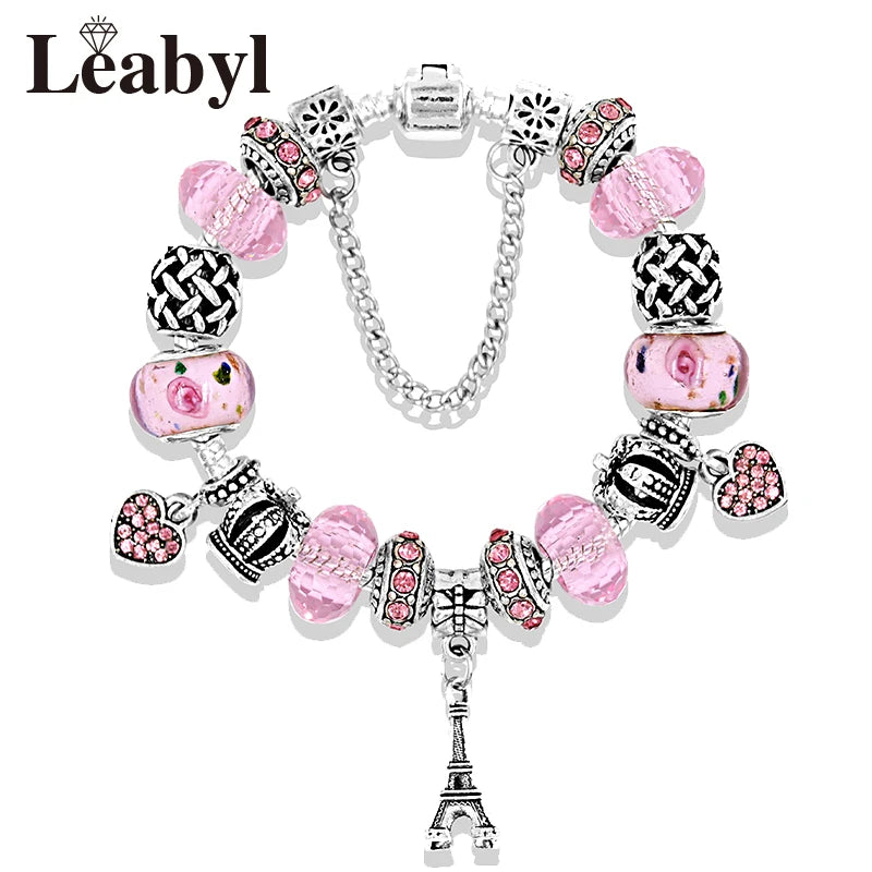 Romantic Pink Heart Charm Bracelet Fine Crystal DIY Bead Bangle Gift