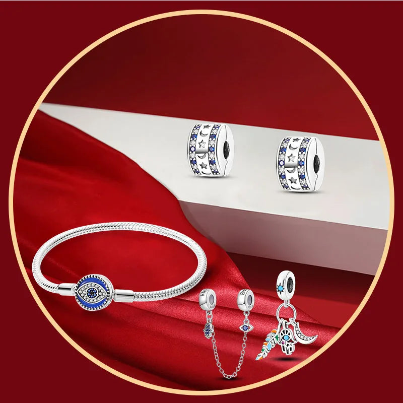 Set Jewelry/Star Moon Devil Eyes Positioning Buckle Sparkling Cross 925 Sterling Silver Original Fits Birthday Party Jewelry Gif