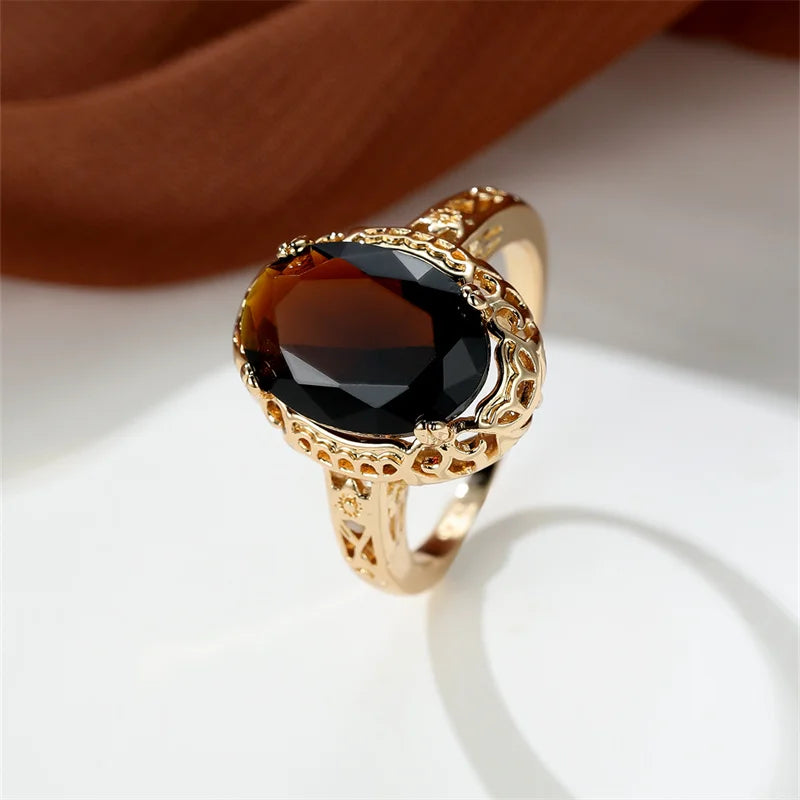 Retro Oval Cut Big White Brown Stone Rings For Women Men Gold Color Luxury Female Male Couple Ring Wedding Bands Party Jewelry