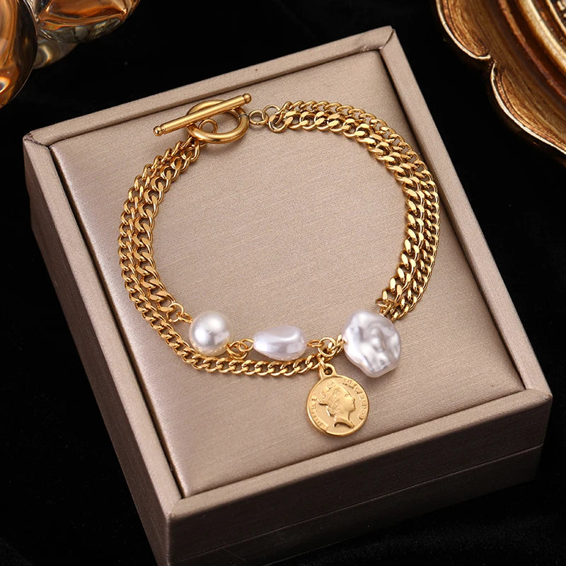 Heart Pearls Stainless Steel Charm Bracelet Girls Birthday Jewellery