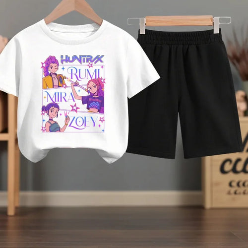 K-pop Girls Summer Casual T-Shirt and Shorts 2-Piece Fashion Outfit