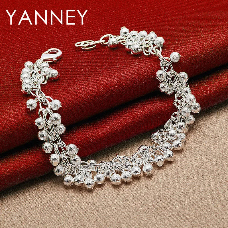 925 Sterling Silver 8-inch Frosted Beaded Bracelet Women Wedding Jewellery