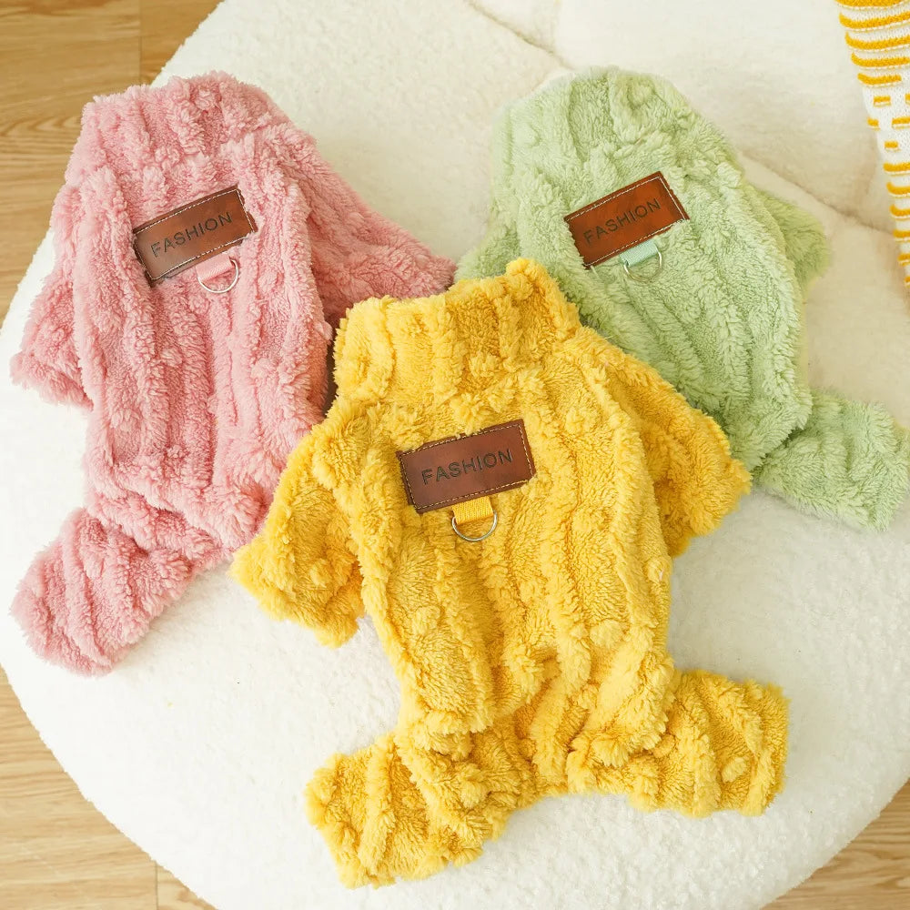 Warm Pet Pajamas Onesie Plush Dog Cat Bodysuit Fleece Lined Winter Costume